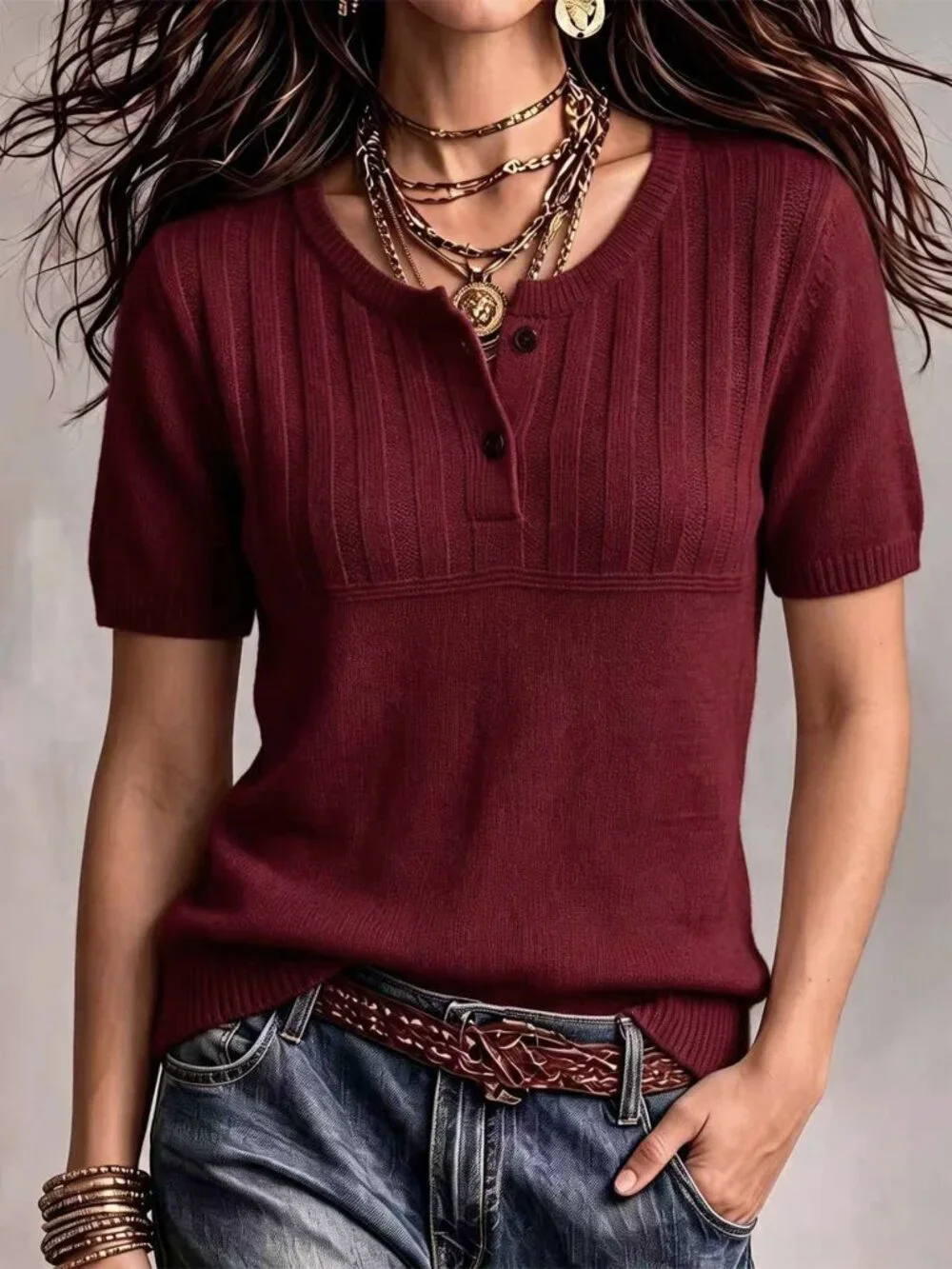 Burgundy Casual Women's Regular Fit Round Neck Short Sleeve Button Knit Top